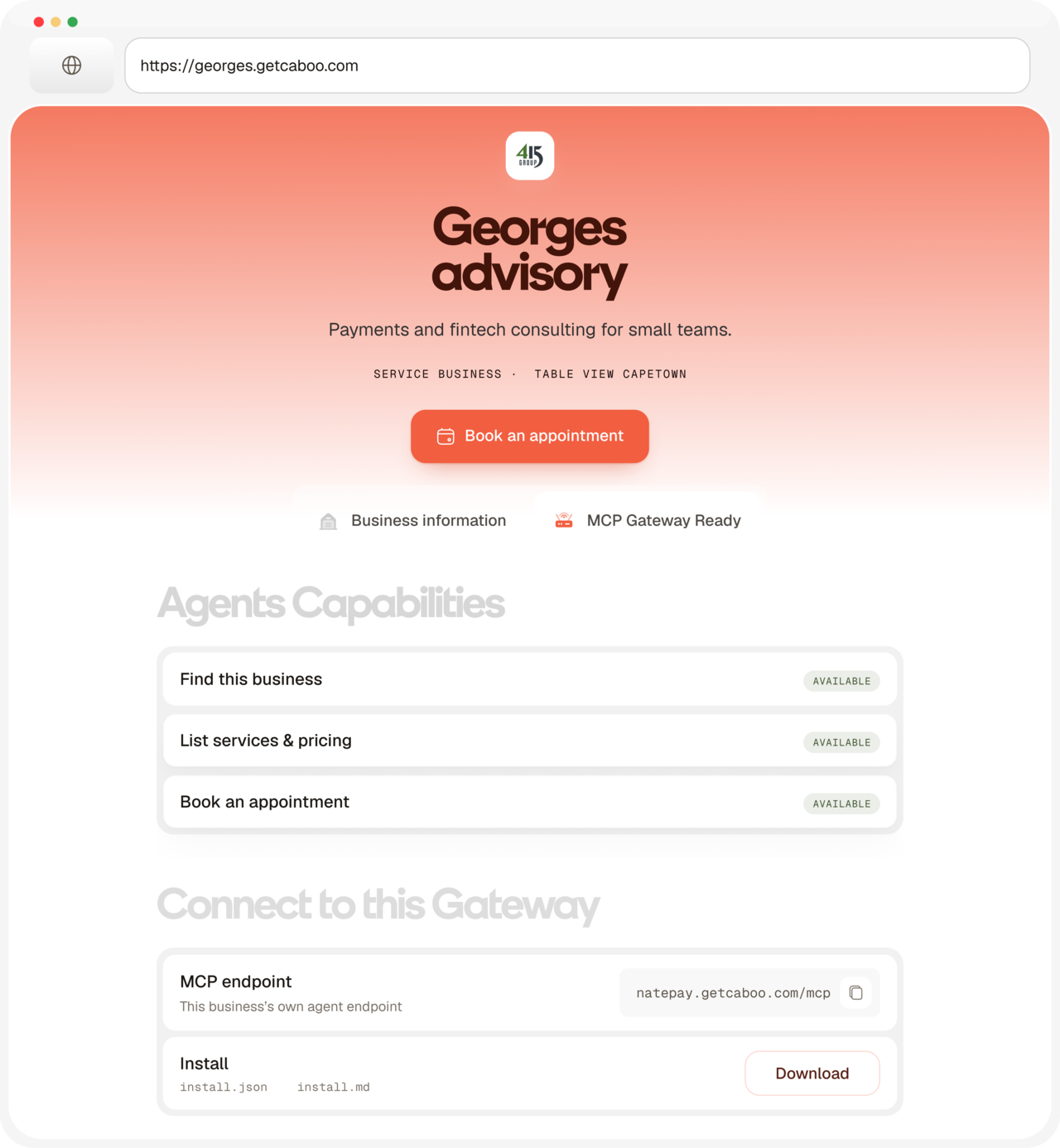 A Caboo business page, Georges advisory, with agent capabilities and an MCP gateway endpoint