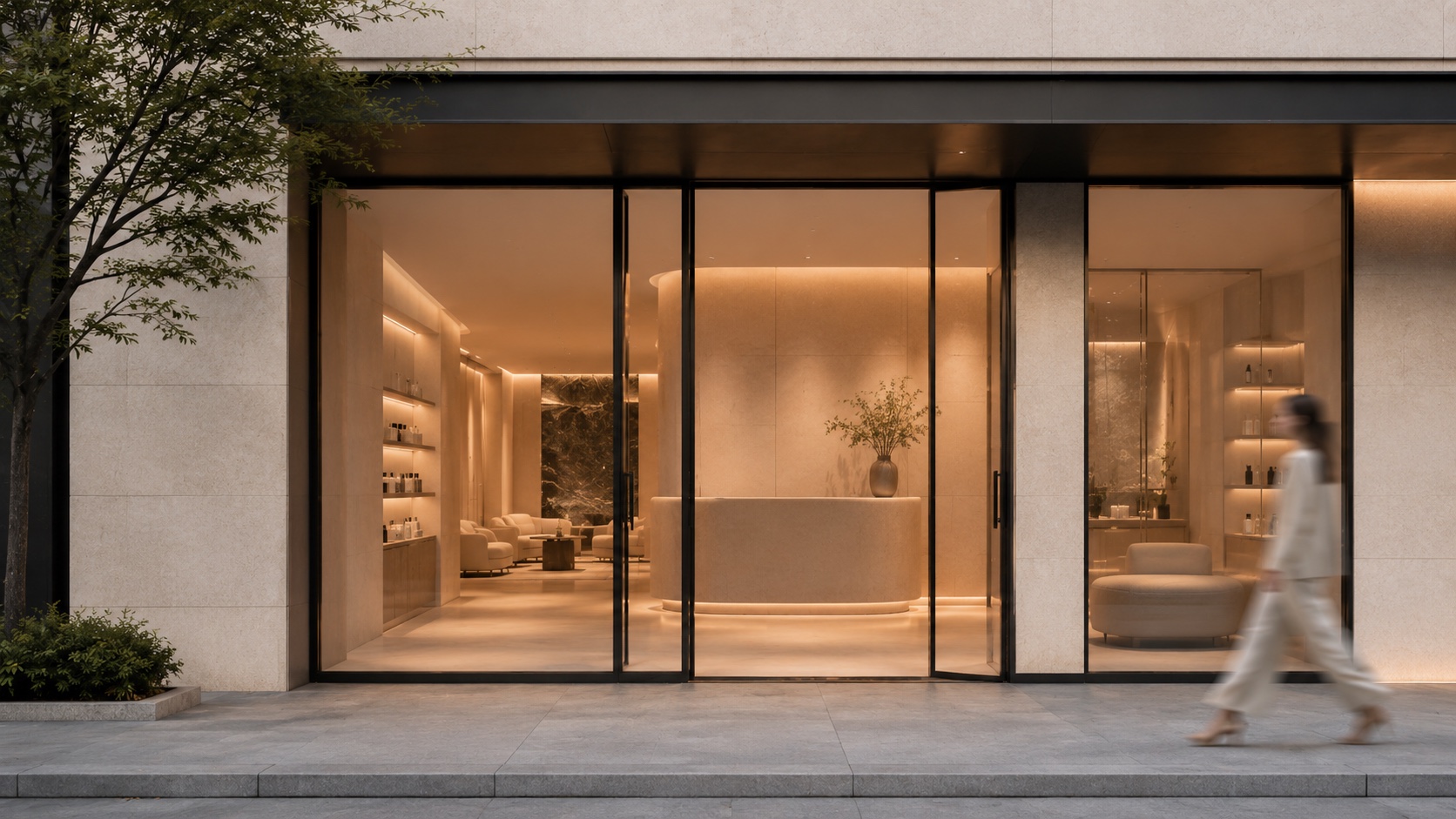 A calm, softly lit storefront at dusk