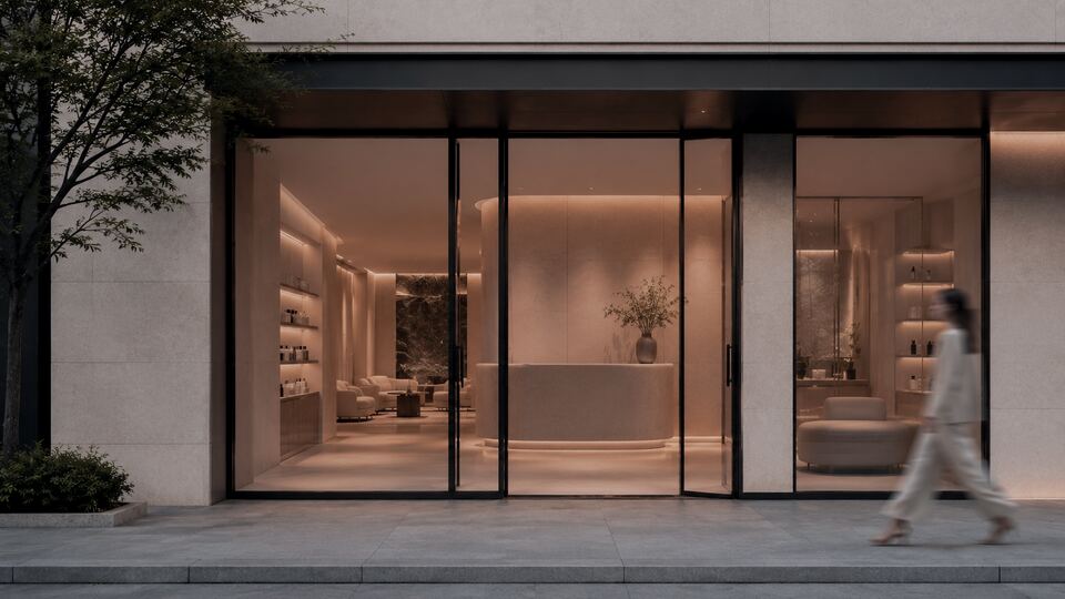 The same storefront later in the evening, lights low